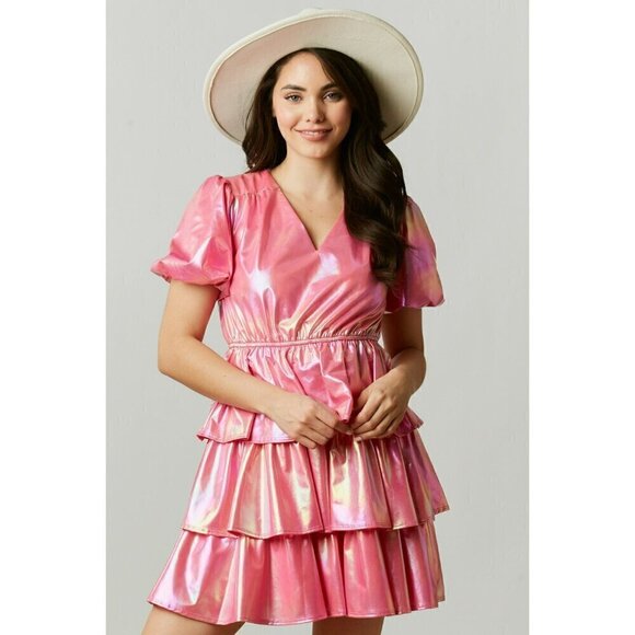 The Gumdrop Tiered Mini Dress in Iridescent Pink - Picture 1 of 5